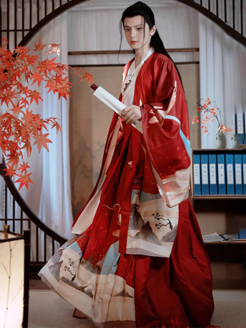 Chinese male hanfu outfit with cross-collar top and flowing wide sleeves for spring, summer and autumn