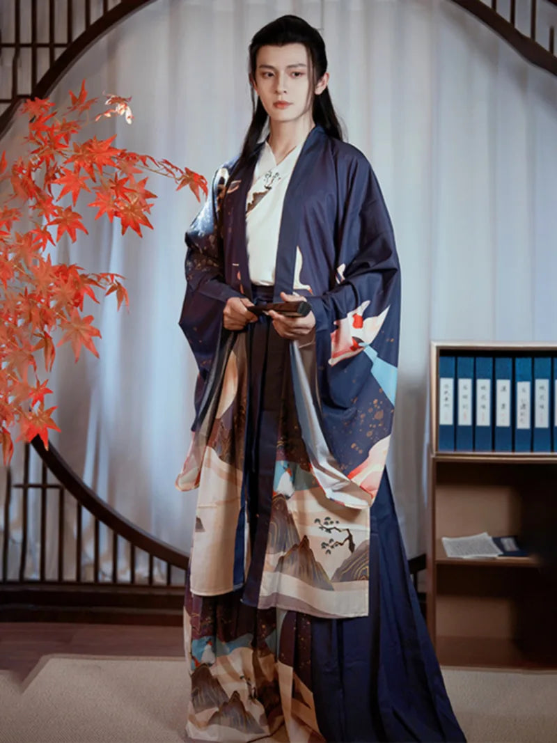 Chinese male hanfu outfit with cross-collar top and flowing wide sleeves for spring, summer and autumn