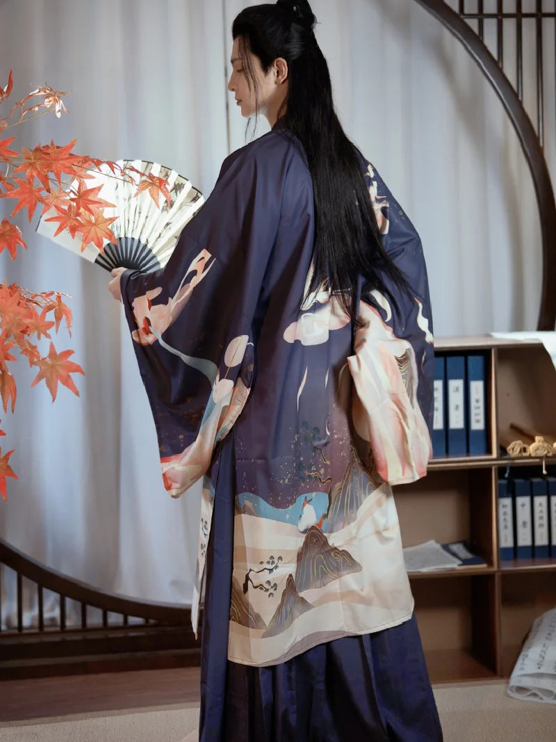 Chinese male hanfu outfit with cross-collar top and flowing wide sleeves for spring, summer and autumn