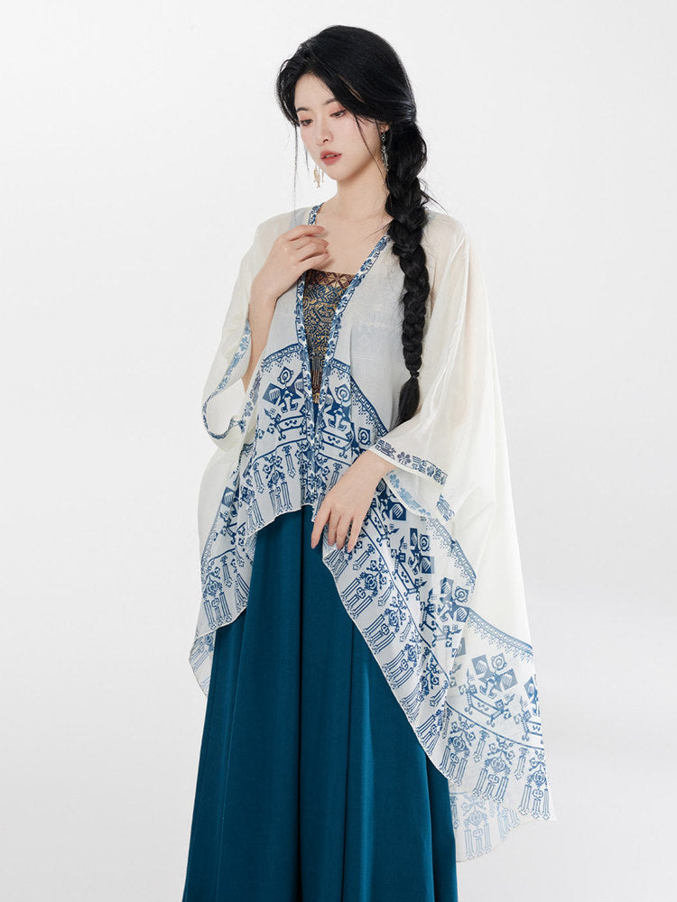 Chinese Modern Clothes Blue Printed Shawl Strap Dress Set (2-Piece)