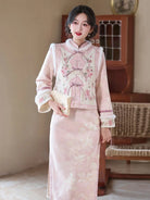 Elegant pink chinese new year cheongsam with embroidered vest and warm fleece lining