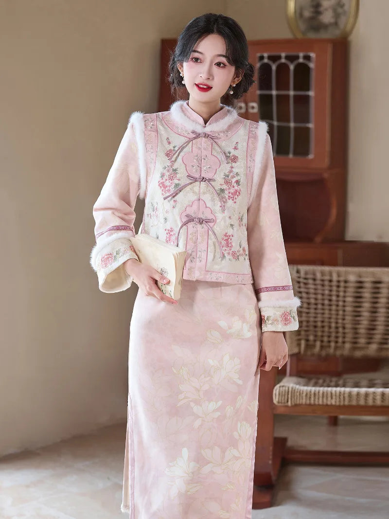 Elegant pink chinese new year cheongsam with embroidered vest and warm fleece lining