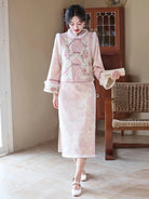 Elegant pink chinese new year cheongsam with embroidered vest and warm fleece lining