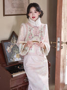 Elegant pink chinese new year cheongsam with embroidered vest and warm fleece lining