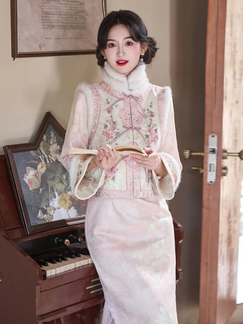 Elegant pink chinese new year cheongsam with embroidered vest and warm fleece lining