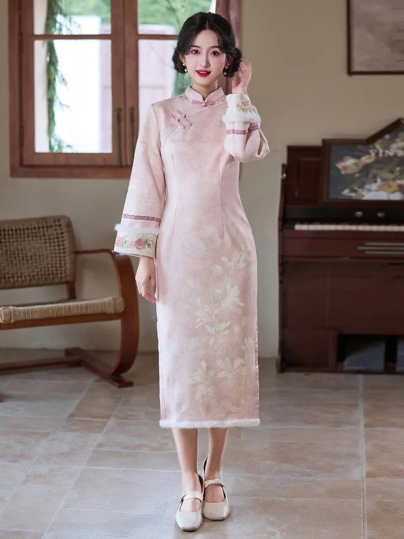 Elegant pink chinese new year cheongsam with embroidered vest and warm fleece lining