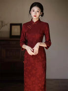 Chinese qipao wedding red dress set, long-sleeve cheongsam bridal gown for autumn and winter engagement, tea ceremony, and wedding celebrations