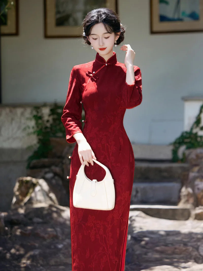 Chinese red dress qipao with elegant jacquard fabric and slim fit design