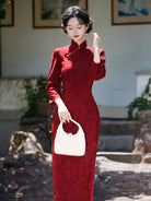 Chinese red dress qipao with elegant jacquard fabric and slim fit design