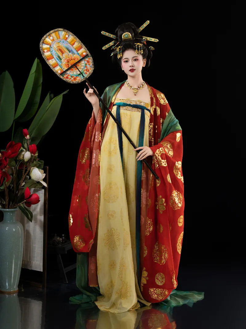 Chinese Tang hanfu qi chest skirt with wide sleeves inspired by Tang Dynasty artifacts