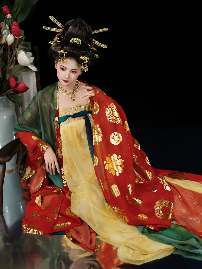 Chinese Tang hanfu qi chest skirt with wide sleeves inspired by Tang Dynasty artifacts