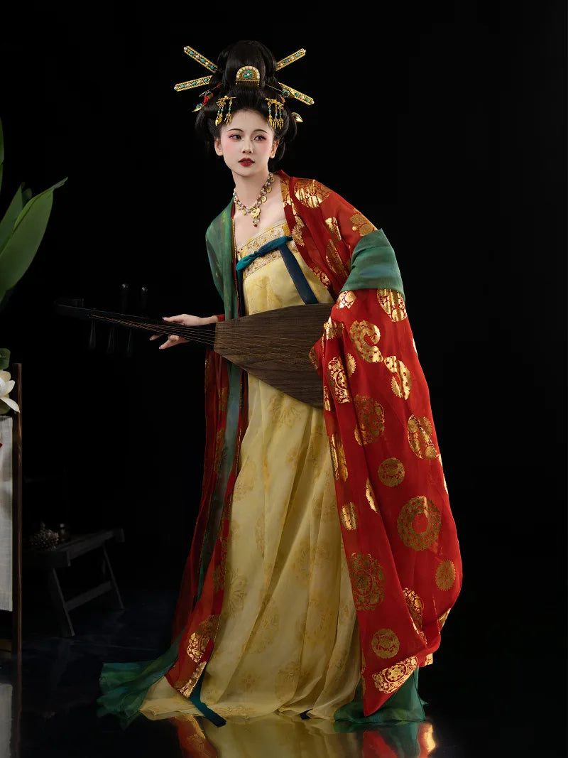 Chinese Tang hanfu qi chest skirt with wide sleeves inspired by Tang Dynasty artifacts