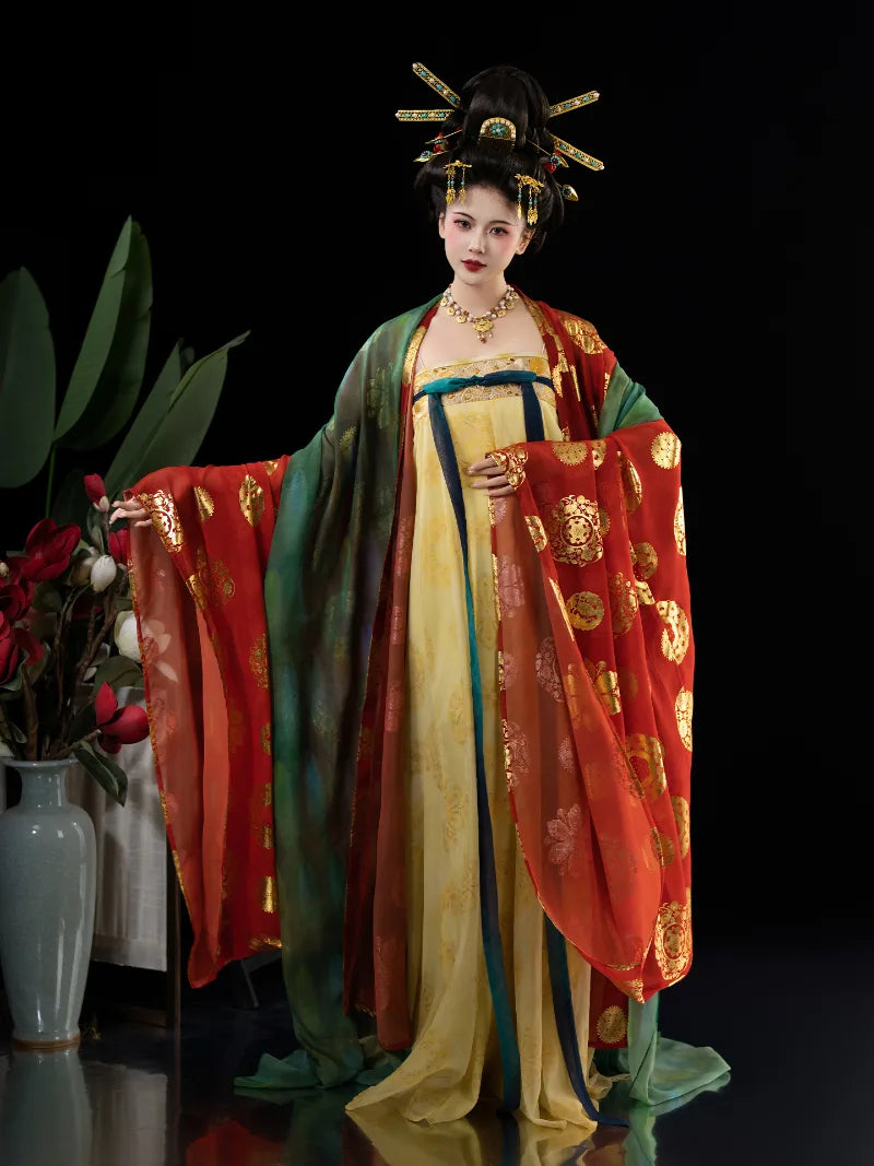 Chinese Tang hanfu qi chest skirt with wide sleeves inspired by Tang Dynasty artifacts