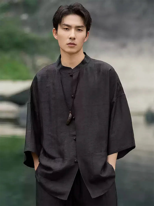 Chinese Tang Suit | Silk Short Sleeve Men’s Shirt with Stand Collar