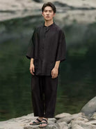 Chinese tang suit men’s short sleeve silk shirt with stand collar and elegant black design