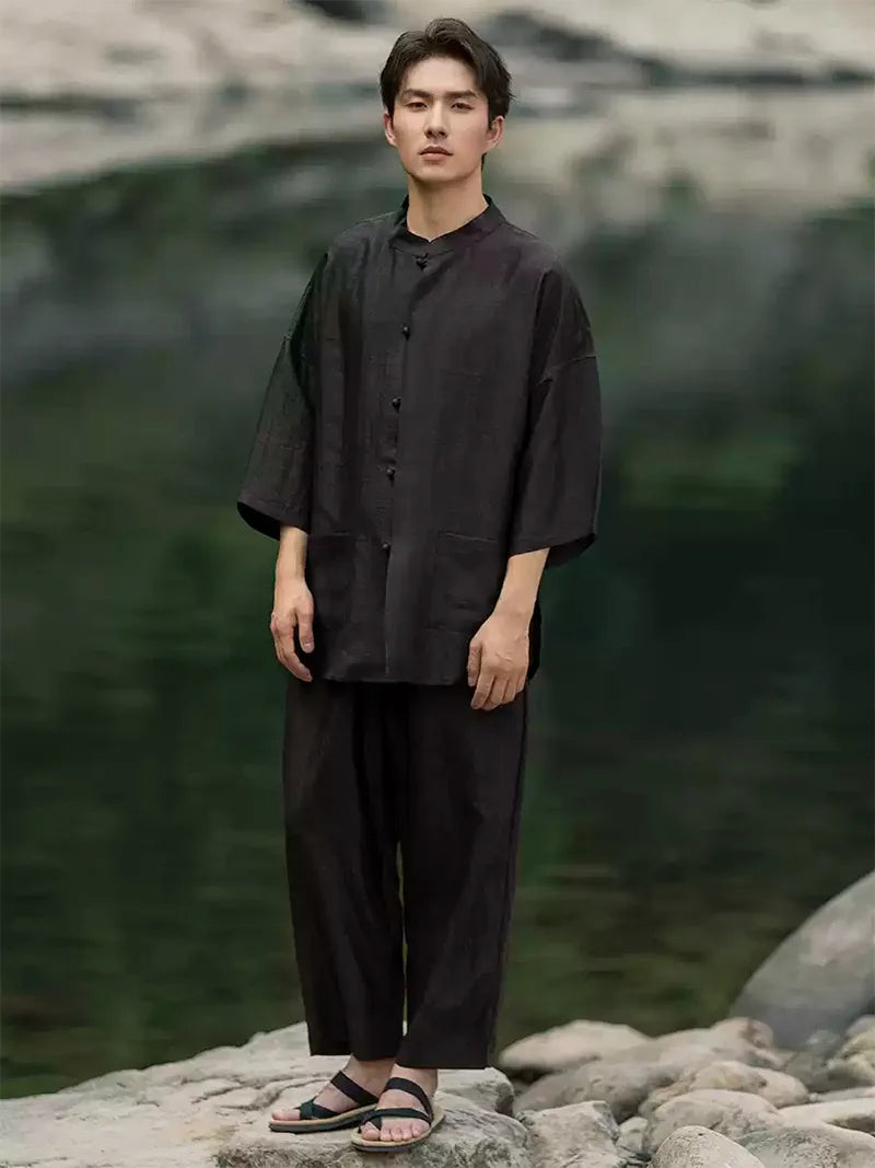 Chinese tang suit men’s short sleeve silk shirt with stand collar and elegant black design