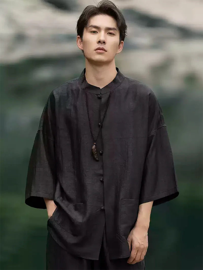 Chinese Tang Suit | Silk Short Sleeve Men’s Shirt with Stand Collar