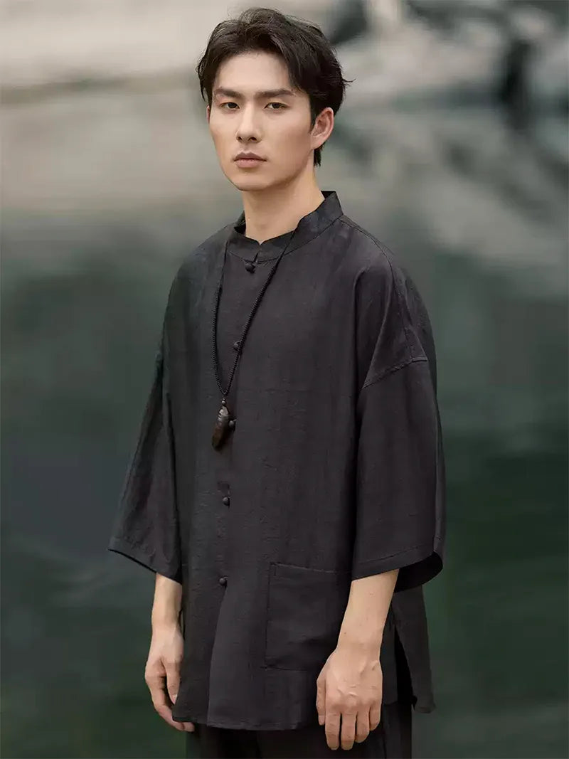 Chinese tang suit men’s short sleeve silk shirt with stand collar and elegant black design