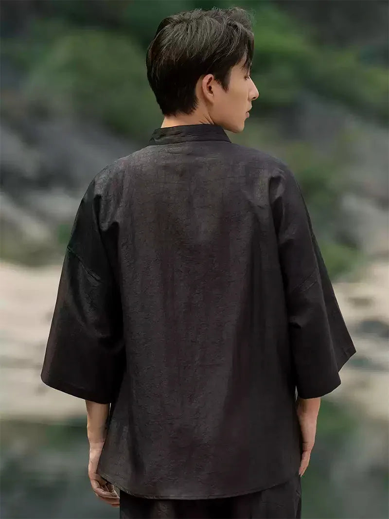 Chinese Tang Suit | Silk Short Sleeve Men’s Shirt with Stand Collar