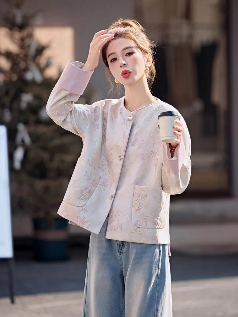 Chinese Tang Suit Jacket for women with jacquard fabric, traditional pankou buttons, modern Chinese style, elegant design