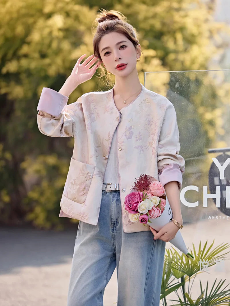 Chinese Tang Suit Jacket for women with jacquard fabric, traditional pankou buttons, modern Chinese style, elegant design
