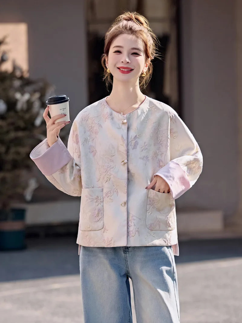Chinese Tang Suit Jacket for women with jacquard fabric, traditional pankou buttons, modern Chinese style, elegant design