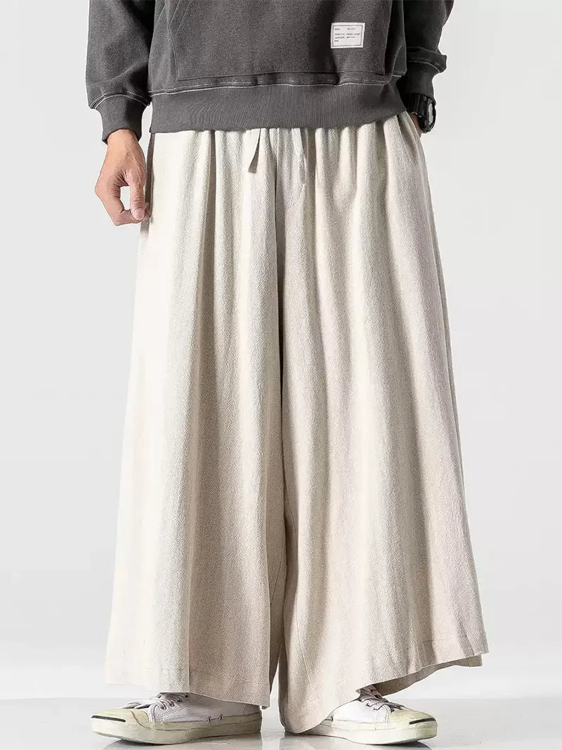 Chinese Tang suit pants, retro cotton-linen wide-leg trousers, loose Harajuku style vintage long pants for men