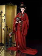 Red Warring States chinese traditional hanfu with gold brocade layered design for autumn and winter elegance