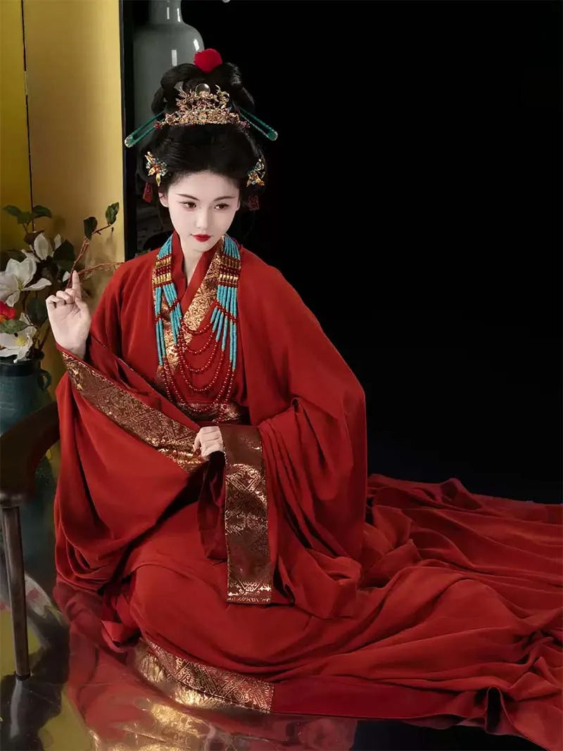 Red Warring States chinese traditional hanfu with gold brocade layered design for autumn and winter elegance
