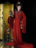 Red Warring States chinese traditional hanfu with gold brocade layered design for autumn and winter elegance