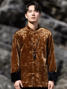 Chinese traditional Tang suit men’s velvet embossed cotton jacket with frog buttons, winter Zhongshan-style coat