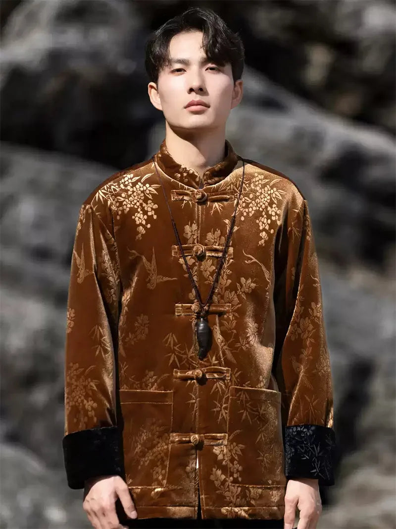 Chinese traditional Tang suit men’s velvet embossed cotton jacket with frog buttons, winter Zhongshan-style coat