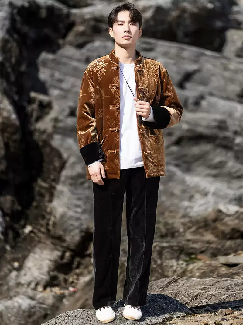 Chinese traditional Tang suit men’s velvet embossed cotton jacket with frog buttons, winter Zhongshan-style coat