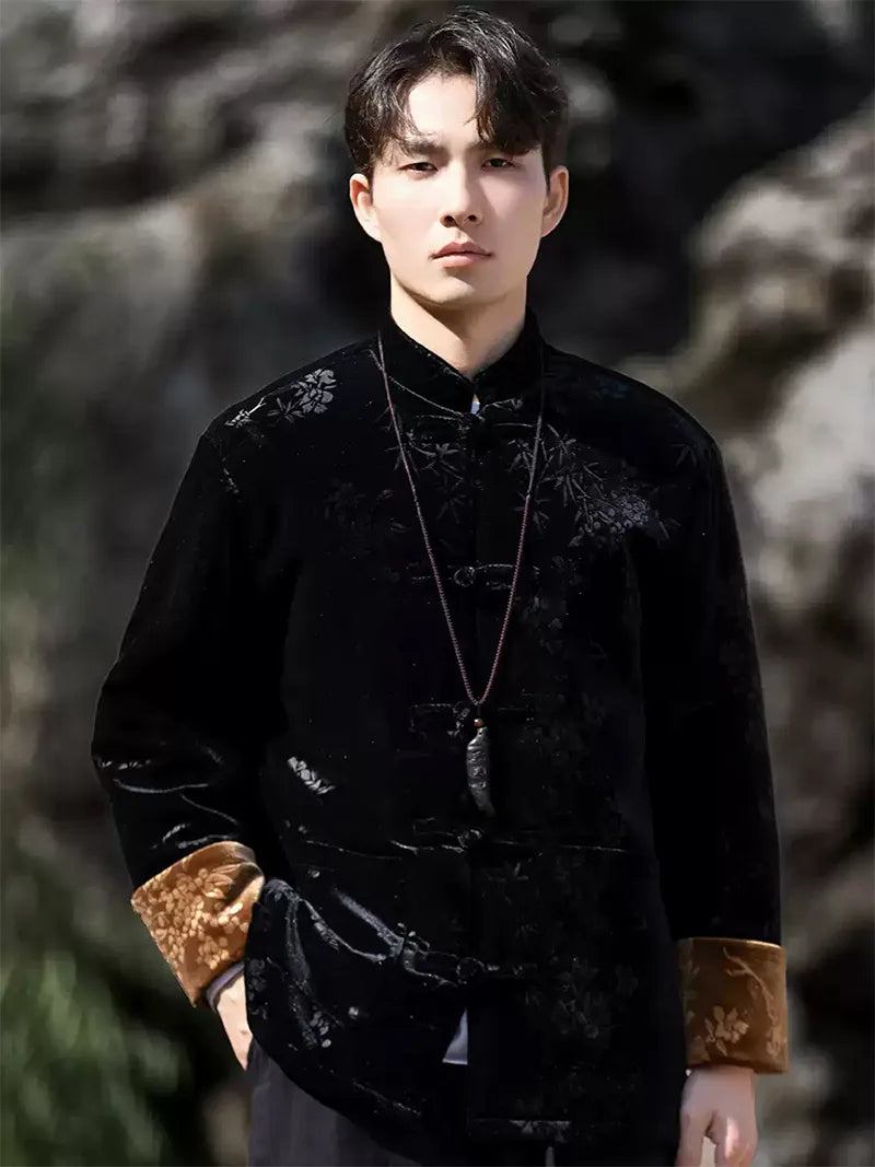 Chinese traditional Tang suit men’s velvet embossed cotton jacket with frog buttons, winter Zhongshan-style coat