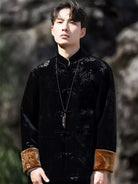 Chinese traditional Tang suit men’s velvet embossed cotton jacket with frog buttons, winter Zhongshan-style coat