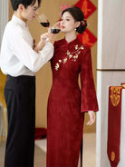 Chinese wedding Qipao, elegant red cheongsam bridal dress with long sleeves, perfect for engagement, tea ceremony, and wedding day events
