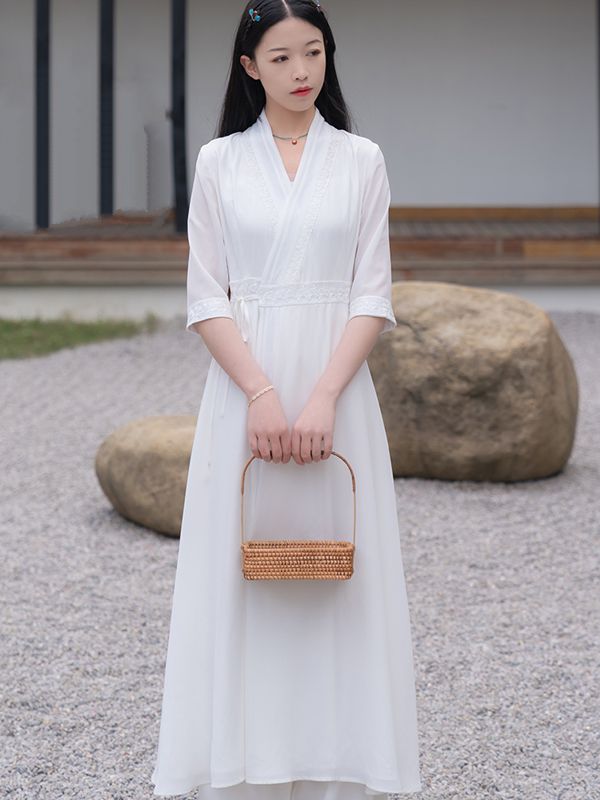 Zen Style White Long Dress Women Casual  Chiffon Fairy Dresses
