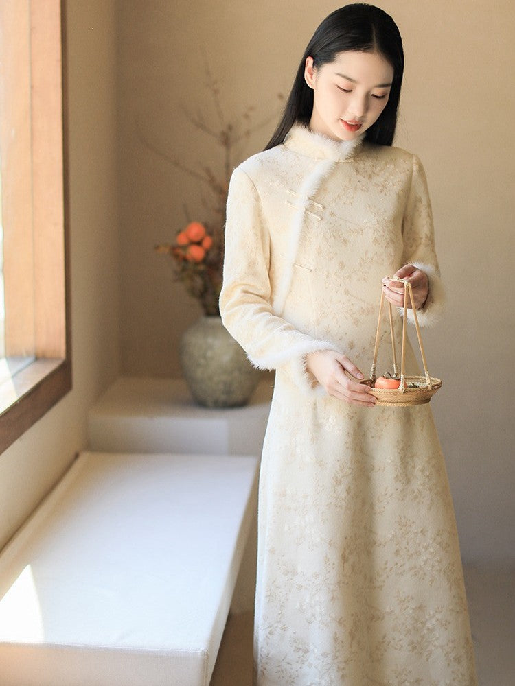 Fur Collar Chinese Winter Qipao Dress Embroidered Long Dress