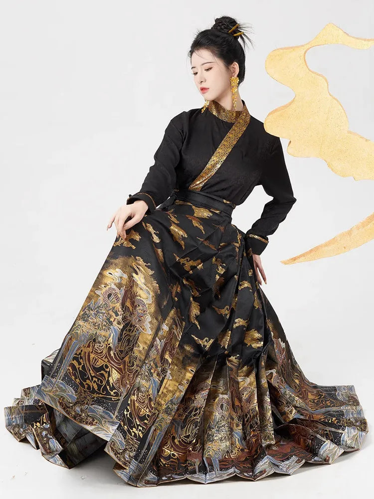 Black Gold Mamian Skirt with Cloud Pattern