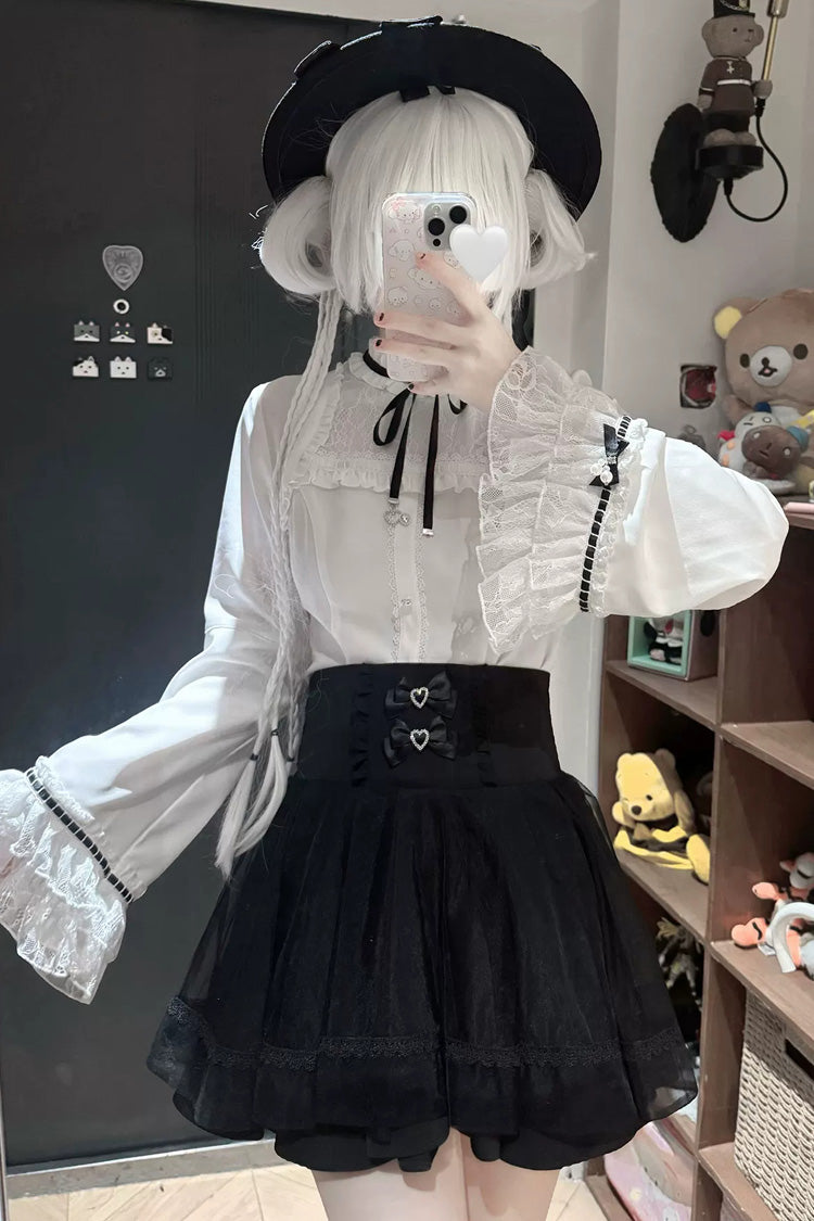 Black/White [Moonlit Butterfly] Lapel Collar Long Trumpet Sleeves Ruffled Bow Lace Jirai Kei Japanese Skirt Set