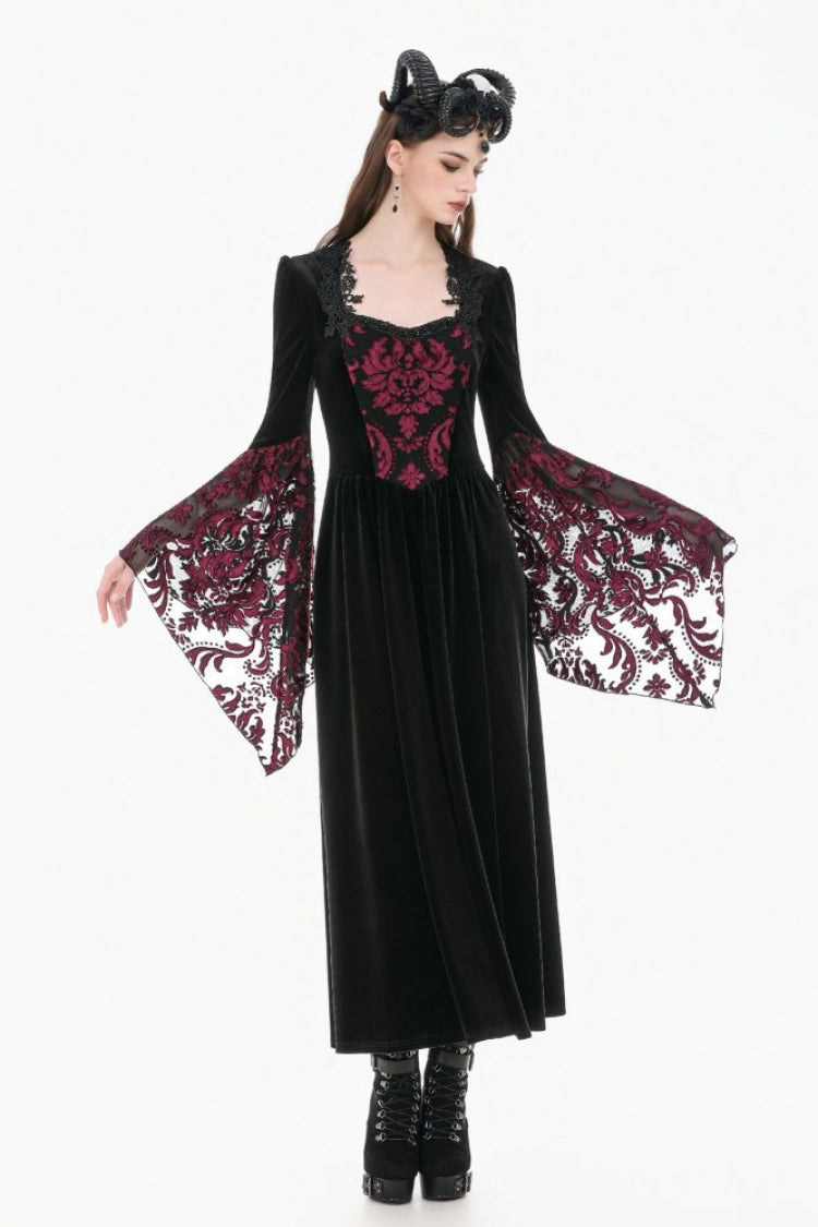 Black/Red Square Collar Long Flare Puff Sleeves Lace Women's Gothic Victorian Velvet Long Dress