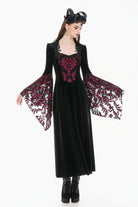 Black/Red Square Collar Long Flare Puff Sleeves Lace Women's Gothic Victorian Velvet Long Dress