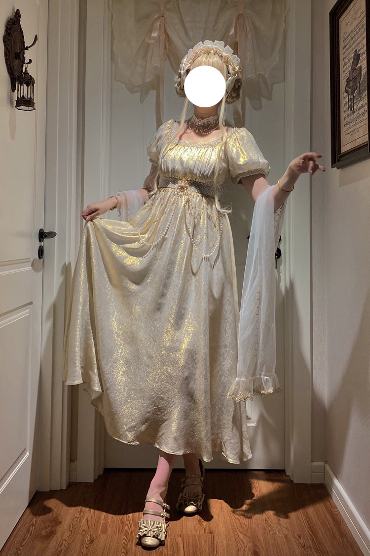 [Moonlight Amber] Short Sleeves High Waisted Pearl-Decorated Classic Vintage Elegant Palace Lolita Dress 3 Colors