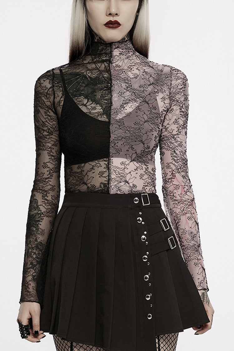 Pink/Black Gothic Lace Stitching Simple Sexy Style Thin See Through Horn Long Sleeved Women's T-Shirt
