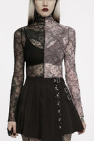 Pink/Black Gothic Lace Stitching Simple Sexy Style Thin See Through Horn Long Sleeved Women's T-Shirt