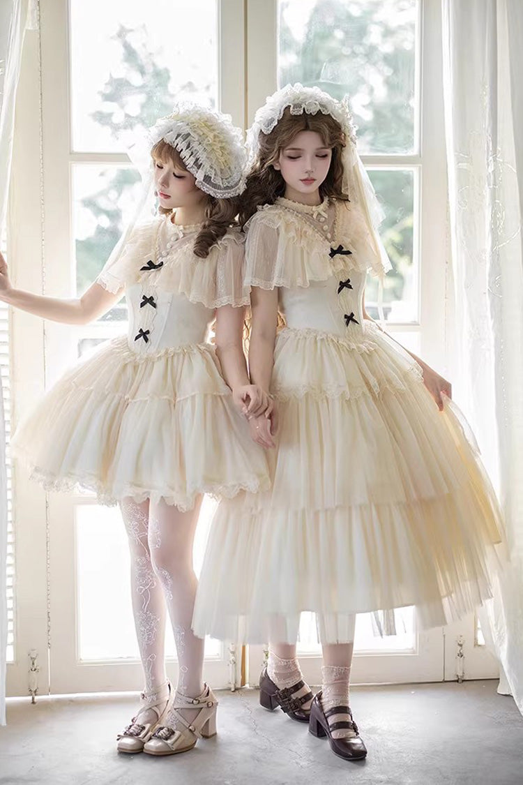 Ivory [The Oath of White Mist] Edwardian Collar Long Sleeves Multi-Layered Ruffled Bow Lace Fishbone Sweet Lolita Dress 2 Versions
