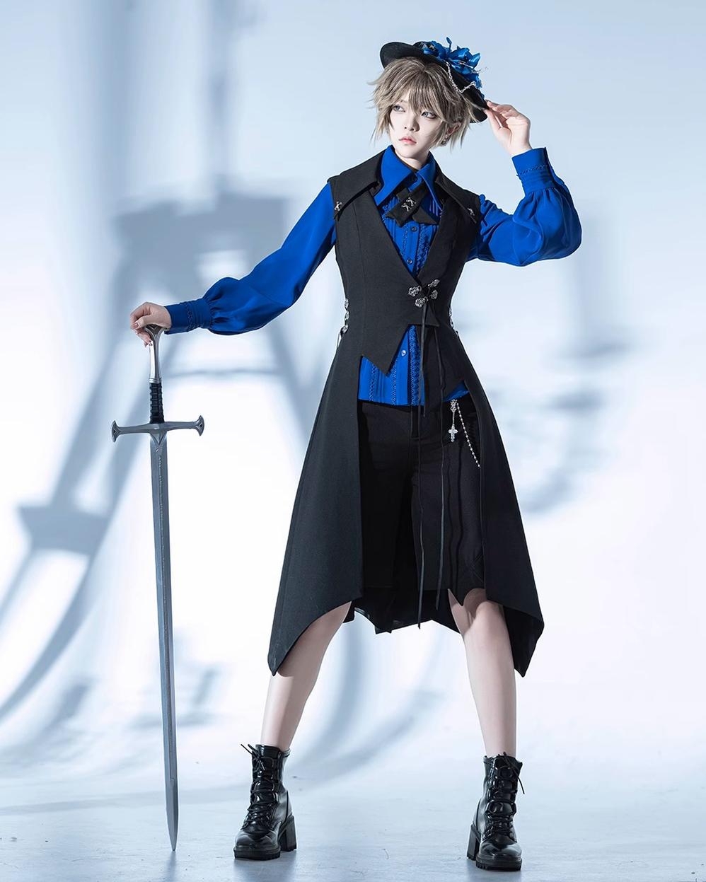 Crimson Ash Zero - Ouji Lolita Vest Handsome Slim Long Black Vest