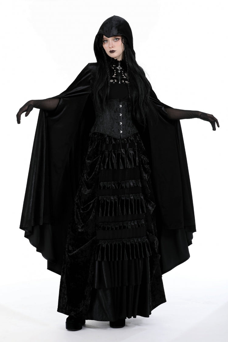 Black Cross Zippered Floral Embroidered Women's Gothic Cloak with Hood