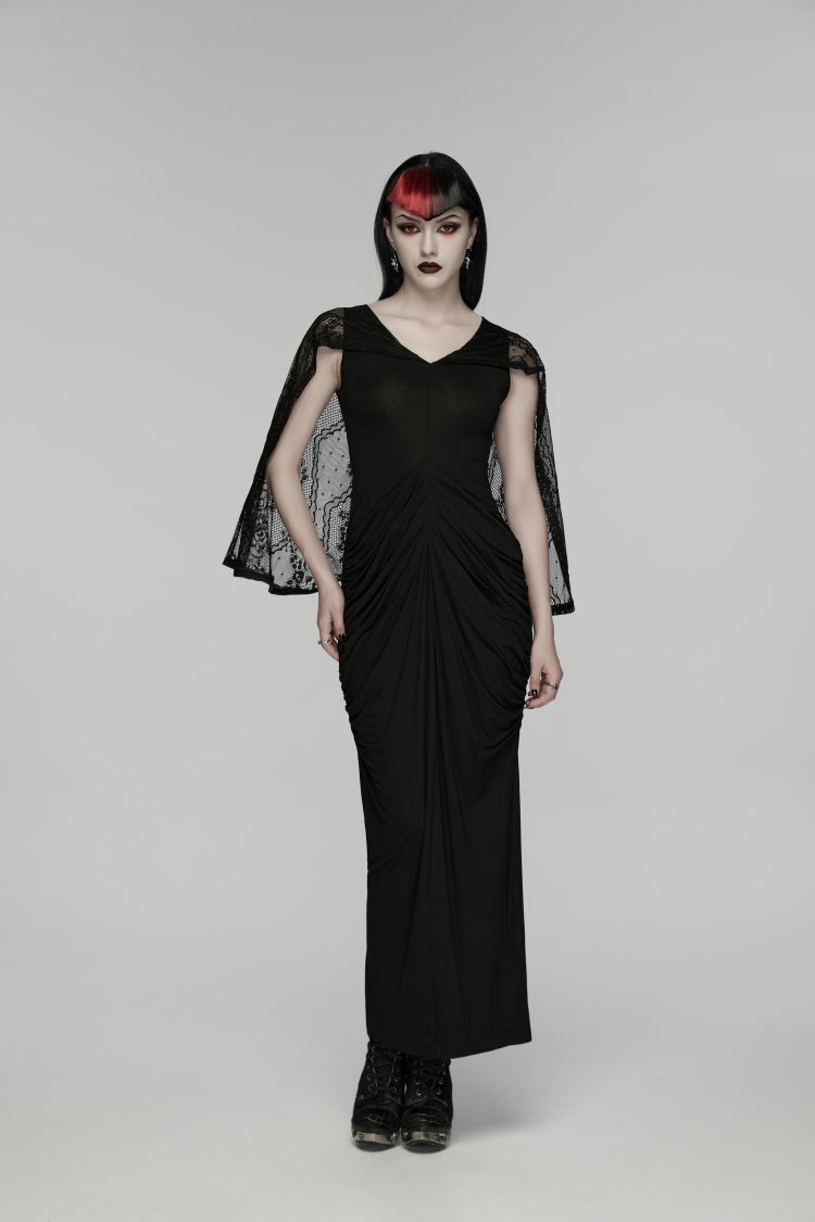 Black V Collar Short Puff Sleeves Hanayome Cut-Out Lace Pleated Women's Gothic Wedding Dress