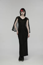 Black V Collar Short Puff Sleeves Hanayome Cut-Out Lace Pleated Women's Gothic Wedding Dress